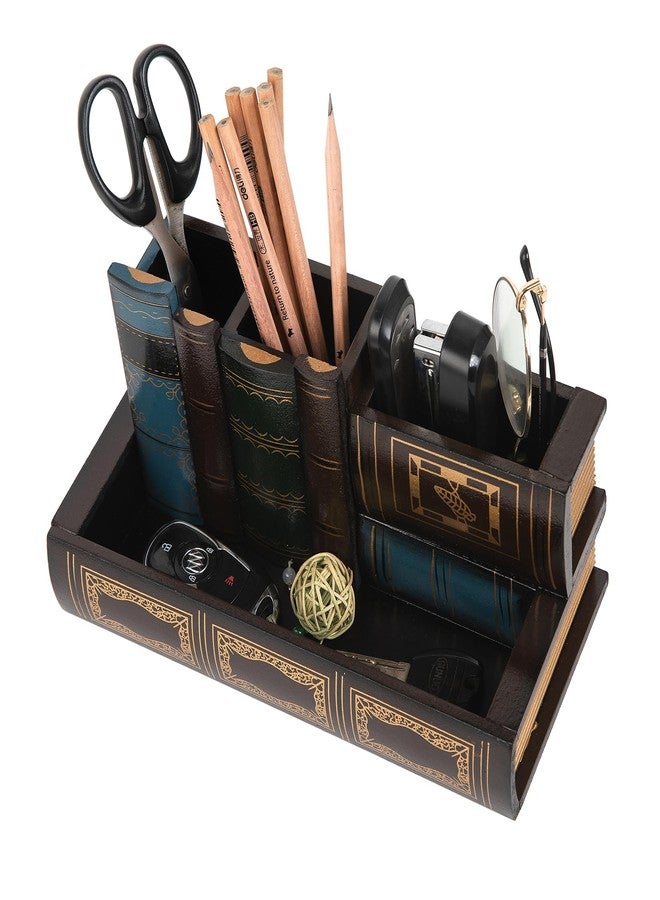 VERGOODR Decorative Pencil and Pen Holder with Storage Drawer, Wooden Desk Organizer Caddy, Antique Library Books Design Pen Cup for Office Supplies, Countertop, Desk,Table (Reddish brown) - Image 2