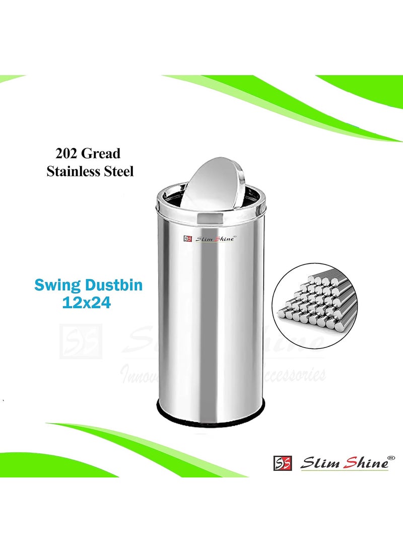 Slim Shine SLIMSHINE Stainless Steel Swing Dust Bin Garbage Bin Trash Can with Removable Lid Round Shape 50Liter Silver Size 12 x 24 inch  - Image 3