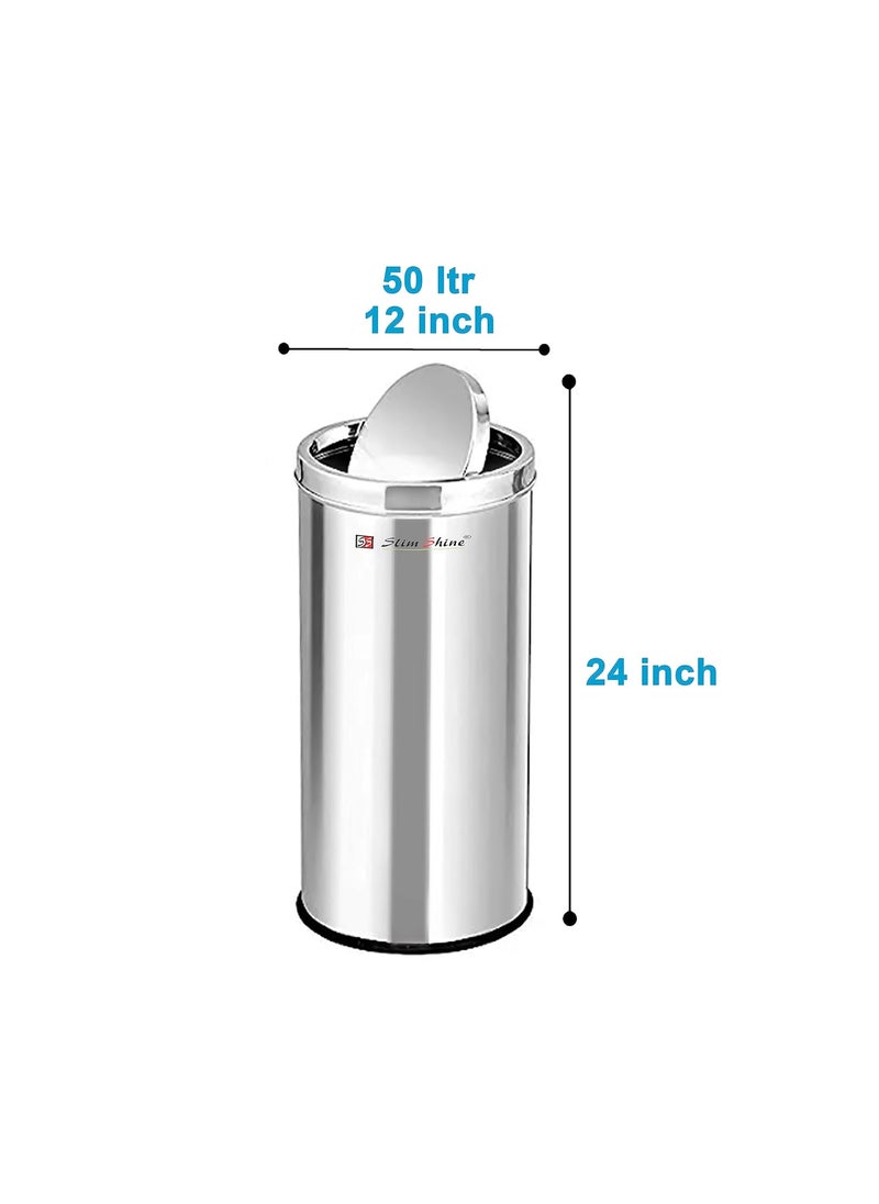 Slim Shine SLIMSHINE Stainless Steel Swing Dust Bin Garbage Bin Trash Can with Removable Lid Round Shape 50Liter Silver Size 12 x 24 inch  - Image 2