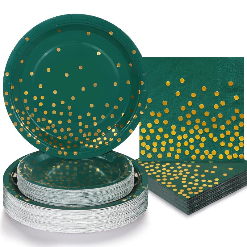 Boocikey 150 PCS Green and Gold Party Decorations Green Plates and Napkins Party Supplies for 50 Guests Golden Dot Paper Plates for Birthday Engagement Wedding Graduation Decorations - Image 1