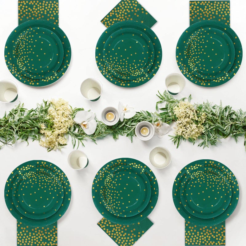 Boocikey 150 PCS Green and Gold Party Decorations Green Plates and Napkins Party Supplies for 50 Guests Golden Dot Paper Plates for Birthday Engagement Wedding Graduation Decorations - Image 4