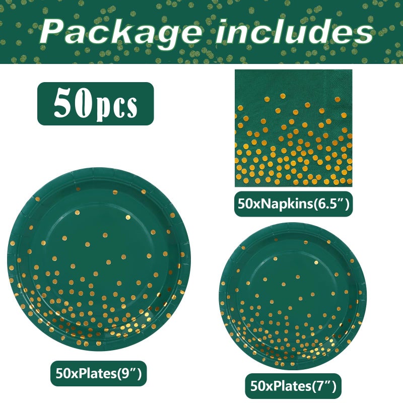 Boocikey 150 PCS Green and Gold Party Decorations Green Plates and Napkins Party Supplies for 50 Guests Golden Dot Paper Plates for Birthday Engagement Wedding Graduation Decorations - Image 3