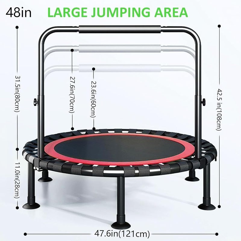 Hlnarkieky-swt 48 Inch Foldable Trampoline for Adults & Kids 500LBS Capacity Exercise Rebounder with Adjustable Handle, Stable Quiet Bouncing Indoor/Outdoor Fitness Trampoline for Weight Loss, Cardio Workout - Image 3