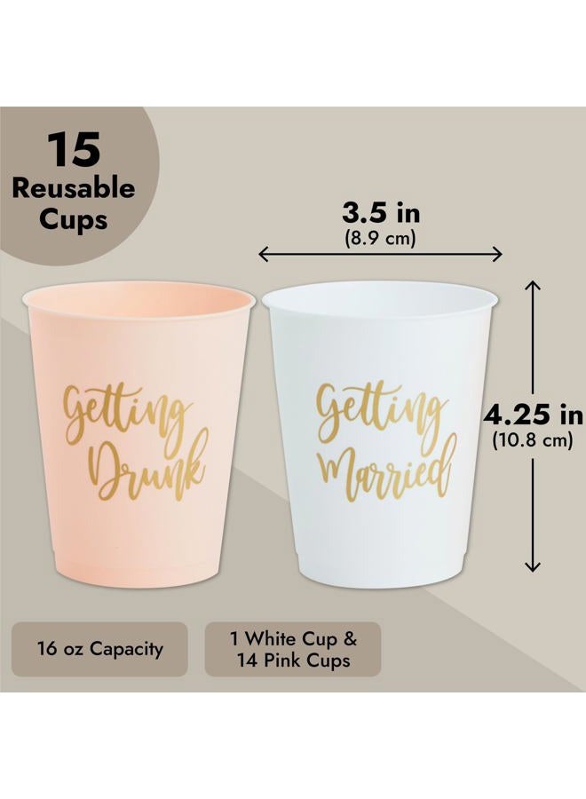 Sparkle and Bash 15 Pack Reusable Bachelorette Party Cups, Plastic Tumblers for Bridal Shower Favors, Getting Married (White Pink, 16 oz) - Image 5