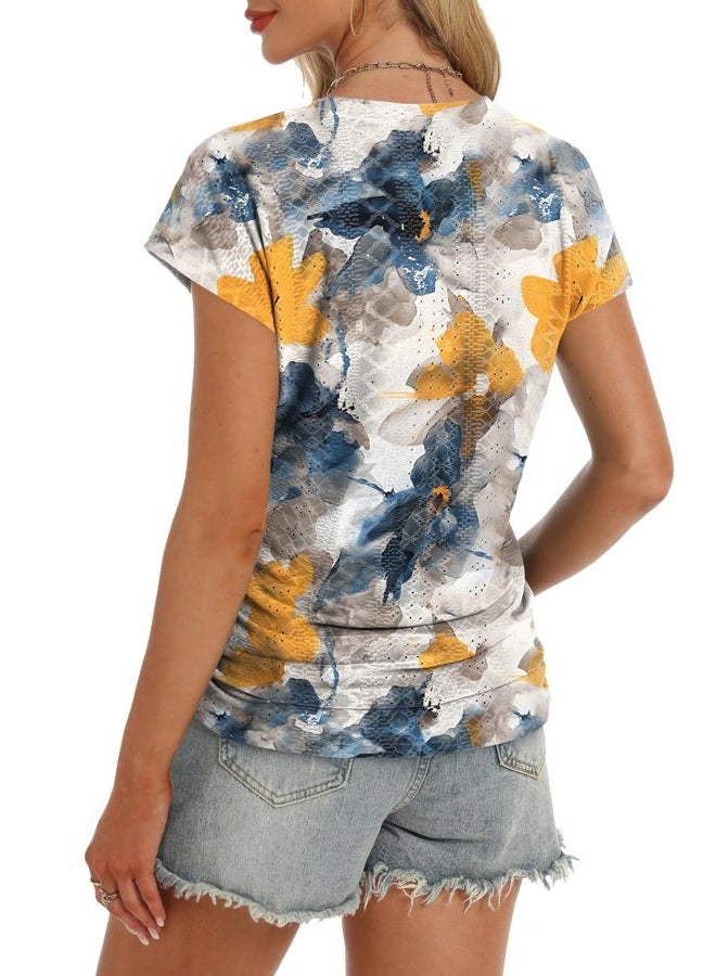 BKRIVE Womens Tops Cap Sleeve V Neck T Shirts for Women Casual Loose Basic Tee Summer Shirts 2025 Trendy Clothes, Floral Yellow Blue, M - Image 4