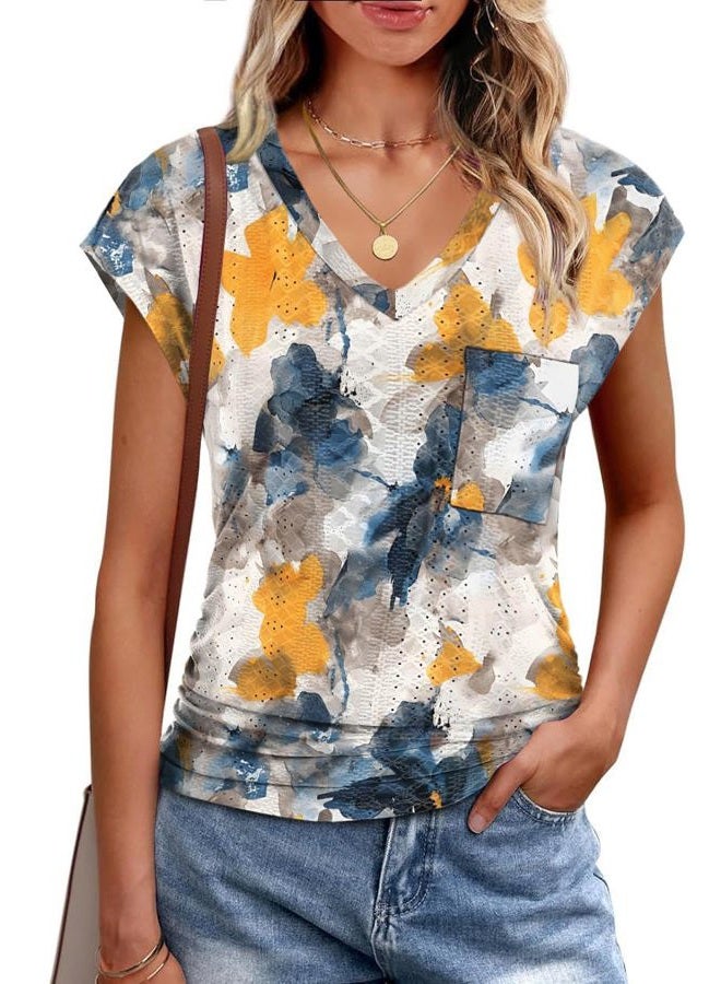 BKRIVE Womens Tops Cap Sleeve V Neck T Shirts for Women Casual Loose Basic Tee Summer Shirts 2025 Trendy Clothes, Floral Yellow Blue, M - Image 1