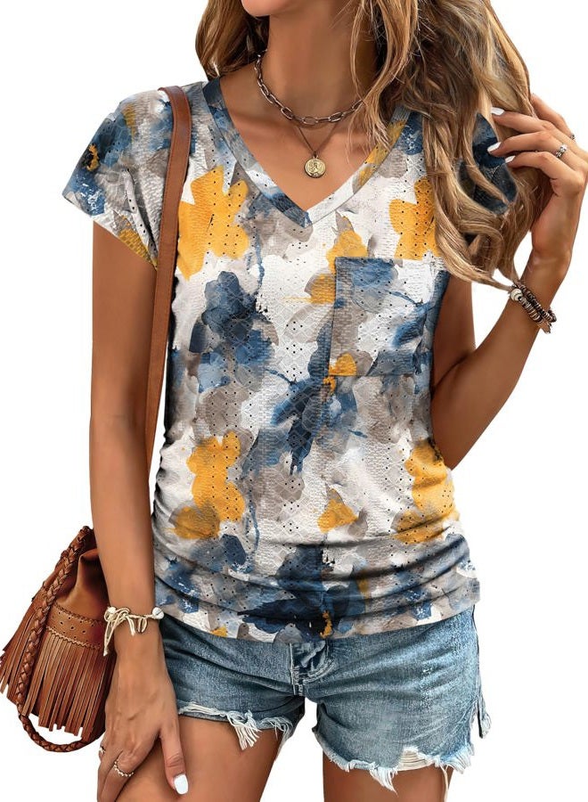 BKRIVE Womens Tops Cap Sleeve V Neck T Shirts for Women Casual Loose Basic Tee Summer Shirts 2025 Trendy Clothes, Floral Yellow Blue, M - Image 2