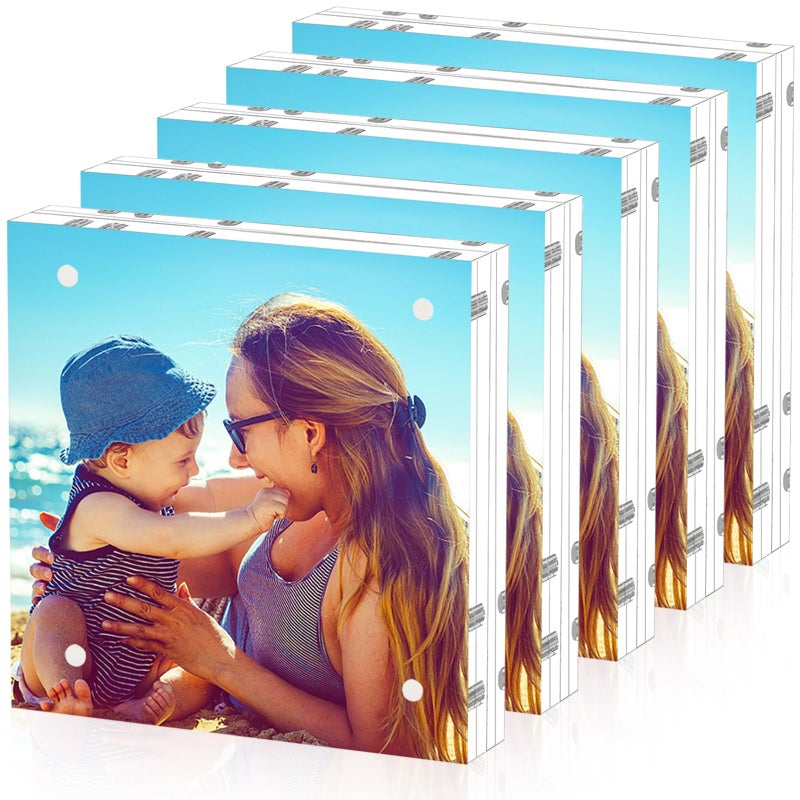 HELPLEX Acrylic Frame  5 Pack 5x5 Acrylic Picture Frames  20mm Thicker Frameless Clear Frame Double Sided Magnetic Frame  Free Standing Desktop Display Stand Acrylic Frames - Image 1