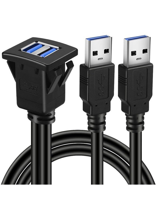 BATIGE Dual Ports Square USB 3.0 Panel Flush Mount Extension Cable with Buckle for Car Truck Boat Motorcycle Dashboard-3ft - Image 1