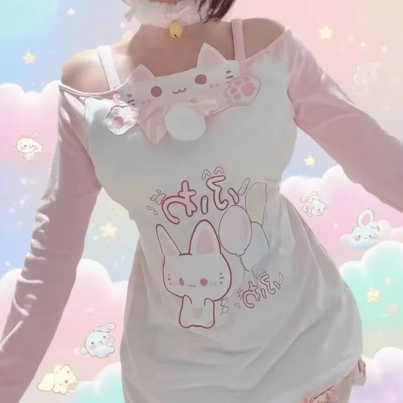 KSDDC Y2K Cutecore Kawaii Teen Shirt Women Off Shoulder Sweet Oversize Japan Cartoon Print Cute Tshirt Top Clothes (Pink,Small) - Image 2