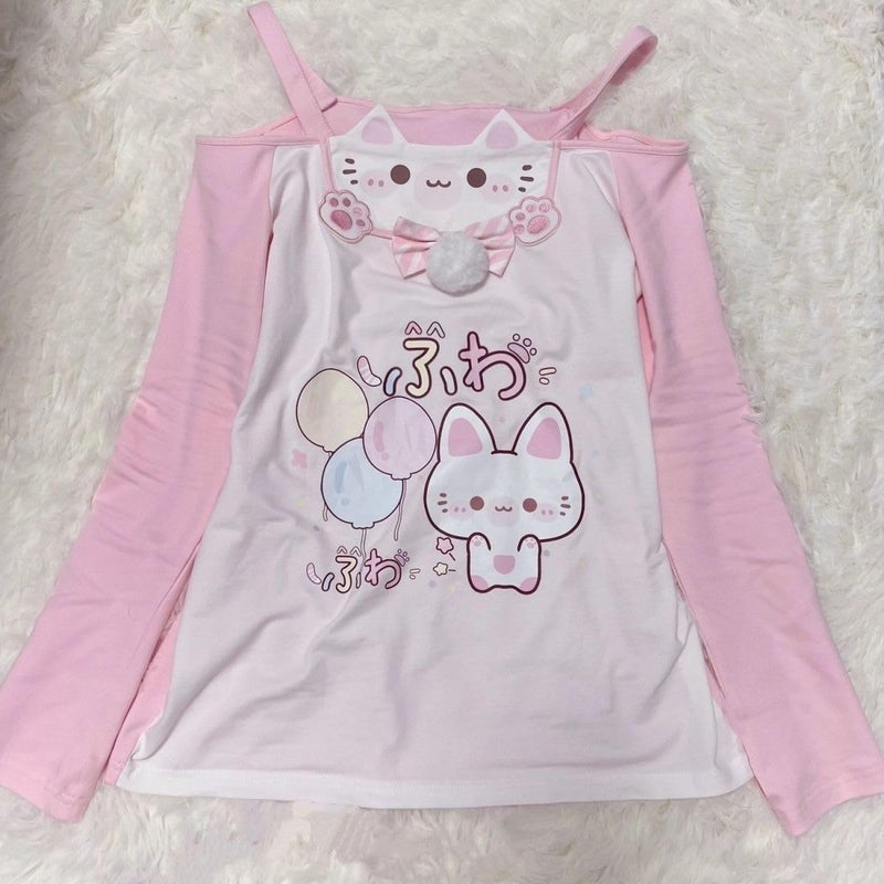 KSDDC Y2K Cutecore Kawaii Teen Shirt Women Off Shoulder Sweet Oversize Japan Cartoon Print Cute Tshirt Top Clothes (Pink,Small) - Image 3