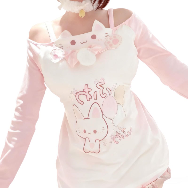 KSDDC Y2K Cutecore Kawaii Teen Shirt Women Off Shoulder Sweet Oversize Japan Cartoon Print Cute Tshirt Top Clothes (Pink,Small) - Image 1