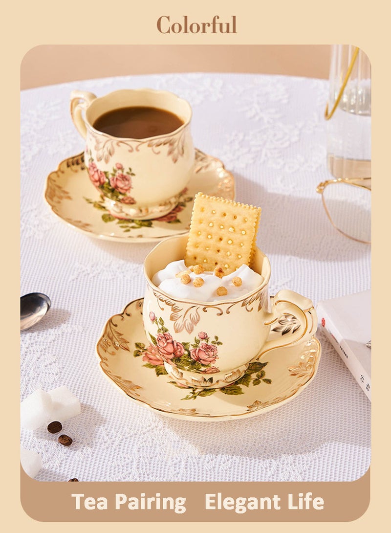 EzzySo طقم قهوة سيراميك مزخرف فاخر مع رف فضي 7 قطع طقم شاي مطلي يدويًا، يشمل أكواب، صحون، ملاعق، هدية أنيقة، طقم قهوة سيراميك بنمط وردي لخدمة شخصين - Image 5