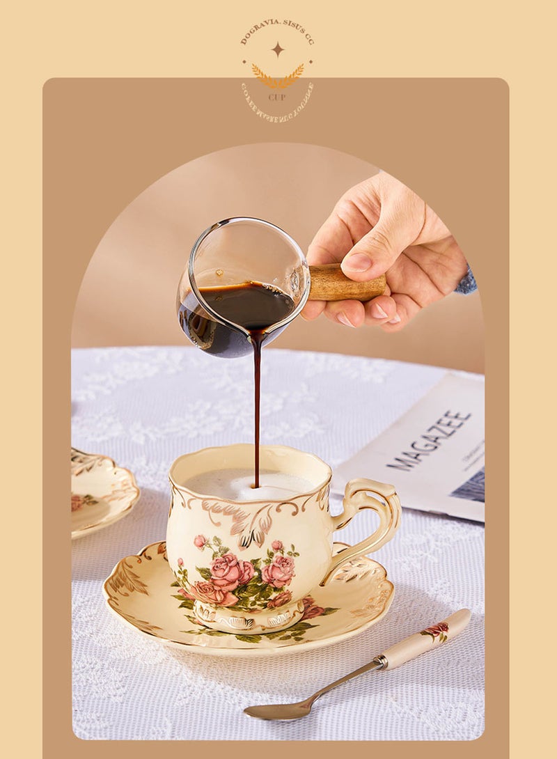 EzzySo طقم قهوة سيراميك مزخرف فاخر مع رف فضي 7 قطع طقم شاي مطلي يدويًا، يشمل أكواب، صحون، ملاعق، هدية أنيقة، طقم قهوة سيراميك بنمط وردي لخدمة شخصين - Image 4