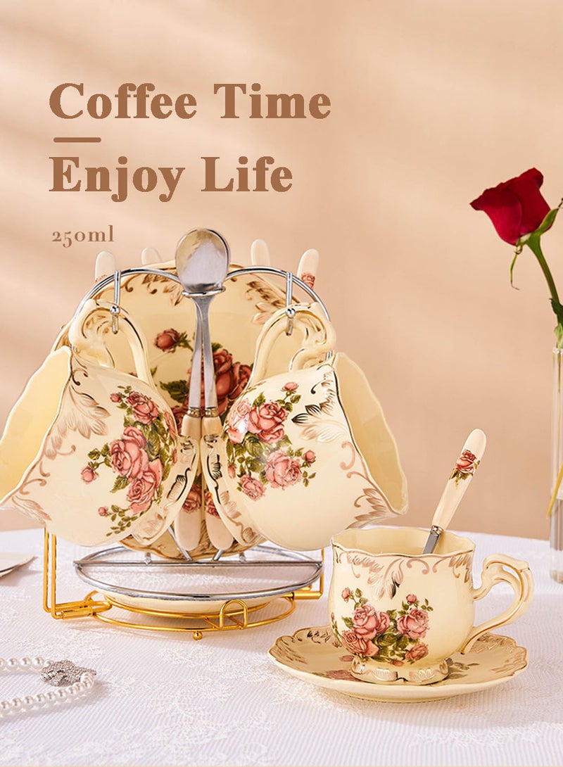 EzzySo طقم قهوة سيراميك مزخرف فاخر مع رف فضي 7 قطع طقم شاي مطلي يدويًا، يشمل أكواب، صحون، ملاعق، هدية أنيقة، طقم قهوة سيراميك بنمط وردي لخدمة شخصين - Image 2