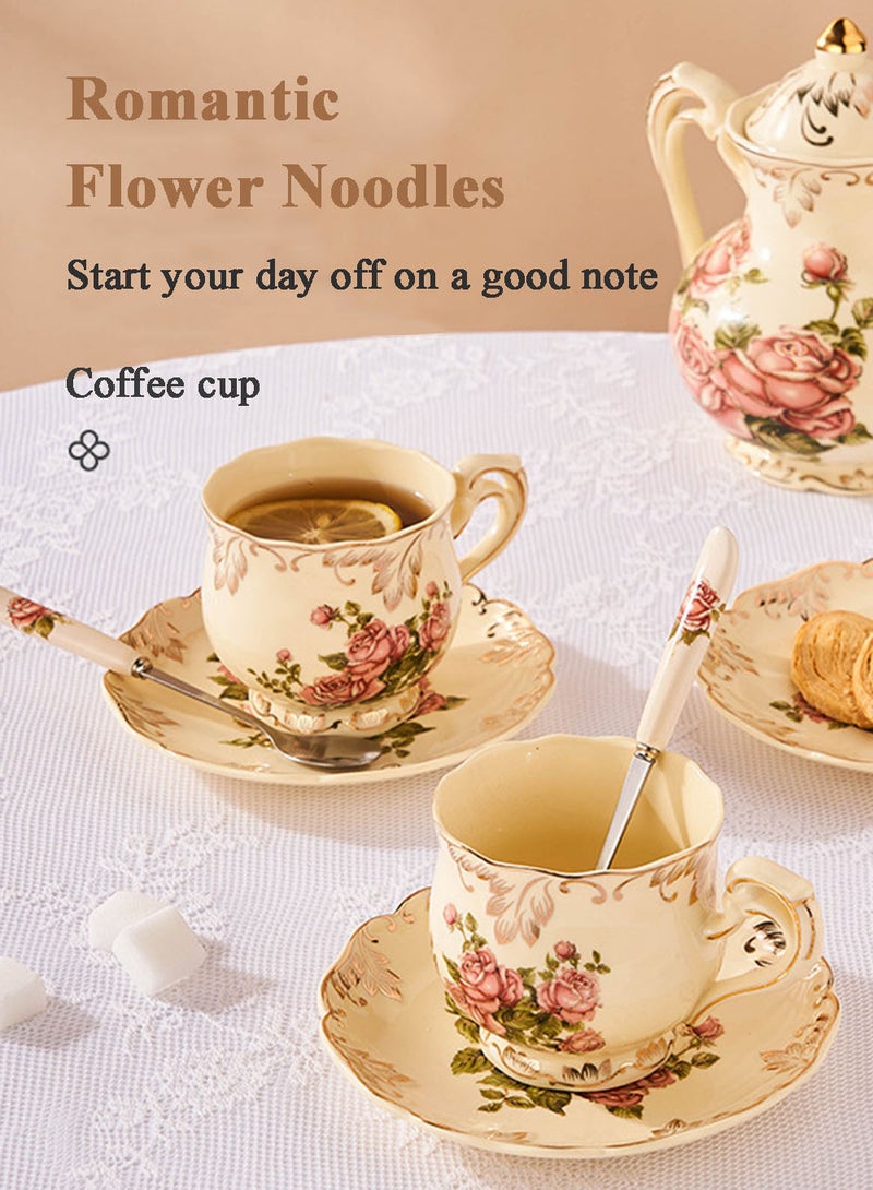 EzzySo طقم قهوة سيراميك مزخرف فاخر مع رف فضي 7 قطع طقم شاي مطلي يدويًا، يشمل أكواب، صحون، ملاعق، هدية أنيقة، طقم قهوة سيراميك بنمط وردي لخدمة شخصين - Image 3