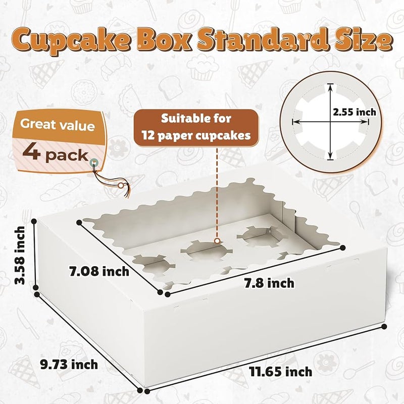 RYDDOY 4 Pack Cupcake Boxes, Hold 12 Standard Cupcakes, Cupcake Containers with Window and Inserts, High Grade Cupcake Holder, for Birthday Holiday Party, Supplies for Cupcakes, Desserts and More - Image 2