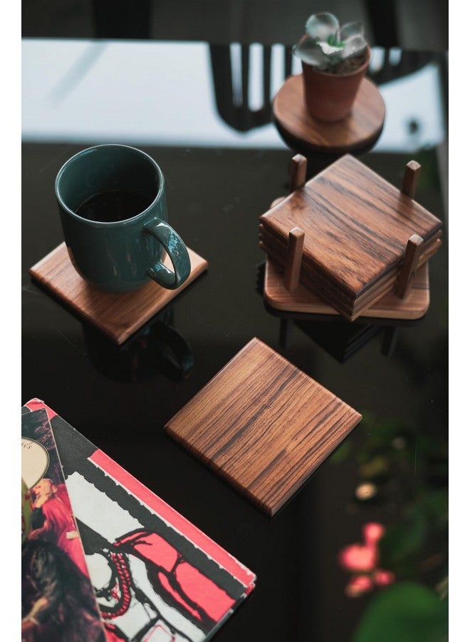 old trunk Old Trunk | Square Wooden Coasters (Set of 6 with 1 Coaster Stand) | Handcrafted | Premium Valsadi Teak Wood | Home and Kitchen Accessories | Dining Table Decorative (Brown, 4inch) - Image 3