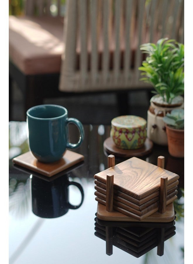 old trunk Old Trunk | Square Wooden Coasters (Set of 6 with 1 Coaster Stand) | Handcrafted | Premium Valsadi Teak Wood | Home and Kitchen Accessories | Dining Table Decorative (Brown, 4inch) - Image 2