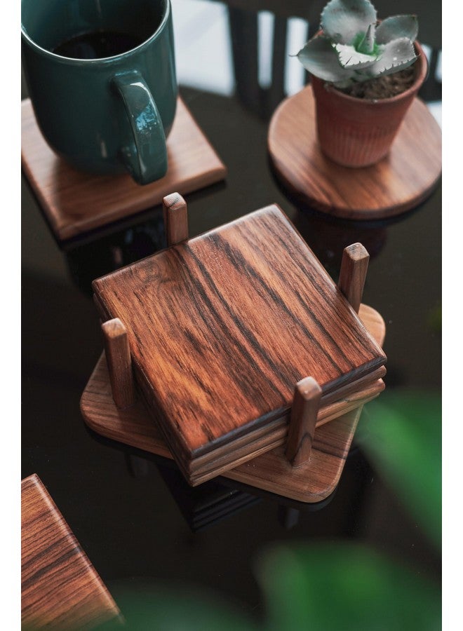 old trunk Old Trunk | Square Wooden Coasters (Set of 6 with 1 Coaster Stand) | Handcrafted | Premium Valsadi Teak Wood | Home and Kitchen Accessories | Dining Table Decorative (Brown, 4inch) - Image 1