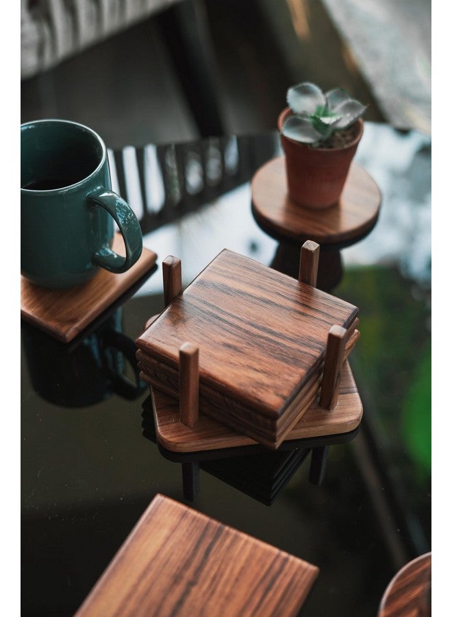 old trunk Old Trunk | Square Wooden Coasters (Set of 6 with 1 Coaster Stand) | Handcrafted | Premium Valsadi Teak Wood | Home and Kitchen Accessories | Dining Table Decorative (Brown, 4inch) - Image 4