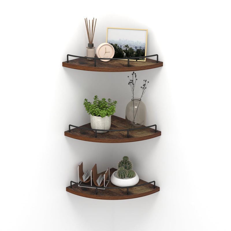 HORLIMER Floating Corner Shelf Wall Mount, Set of 3 Rustic Wood Corner Wall Shelves with Fence for Bedroom, Living Room, Bathroom, Kitchen, Brown - Image 1