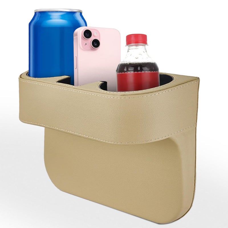 KITUREK Car Cup Holder, Auto Front Seat Organizer, Multifunctional Cup Drink Holders with PU Leather Cover, Gap Filler Storage Box Coin Bucket Console Side Pocket Cell Mobile Phone Holder (Beige) - Image 1
