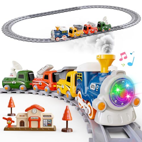 Hot Bee Train Set for Toddlers with Steam Light Up Sound Choo Choo Train Electric Train Set for Toddlers 24 Magnetic Connection Train Toys Birthday Gifts for Boys Girls 3 4 5 6 - Image 1