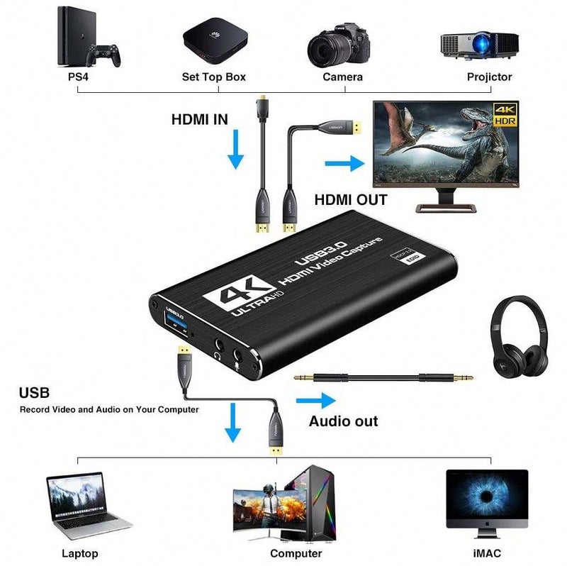 DIGI CORE بطاقة التقاط الفيديو HDMI 4K USB 1080P 60FPS لربط البث، الألعاب والتسجيل، محول التقاط الصوت والفيديو متوافق مع PS5، PS4، Xbox، Nintendo Switch، الكمبيوتر الشخصي واللابتوب، بطاقة التقاط HDMI 4K سوداء - Image 3