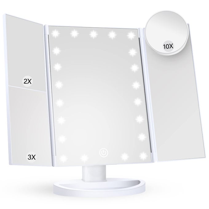 MAKEUP MIRROR VANITY MIRROR WITH LIGHTS 2X 3X 10X MAGNIFICATION TOUCH CONTROL TRIFOLD WHITE 94 L X 134 W MODERN STYLE DRESSER MOUNT BATHROOM