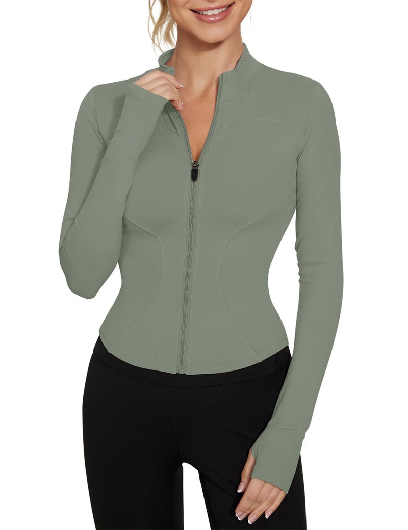 LUYAA Women's Lightweight Athletic Jacket Sun Protection Full Zip Long Sleeve Shirts Hiking Outdoor Workout Tops Grey Green M - Image 1