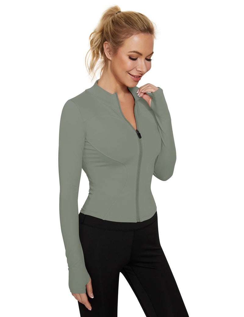 LUYAA Women's Lightweight Athletic Jacket Sun Protection Full Zip Long Sleeve Shirts Hiking Outdoor Workout Tops Grey Green M - Image 4
