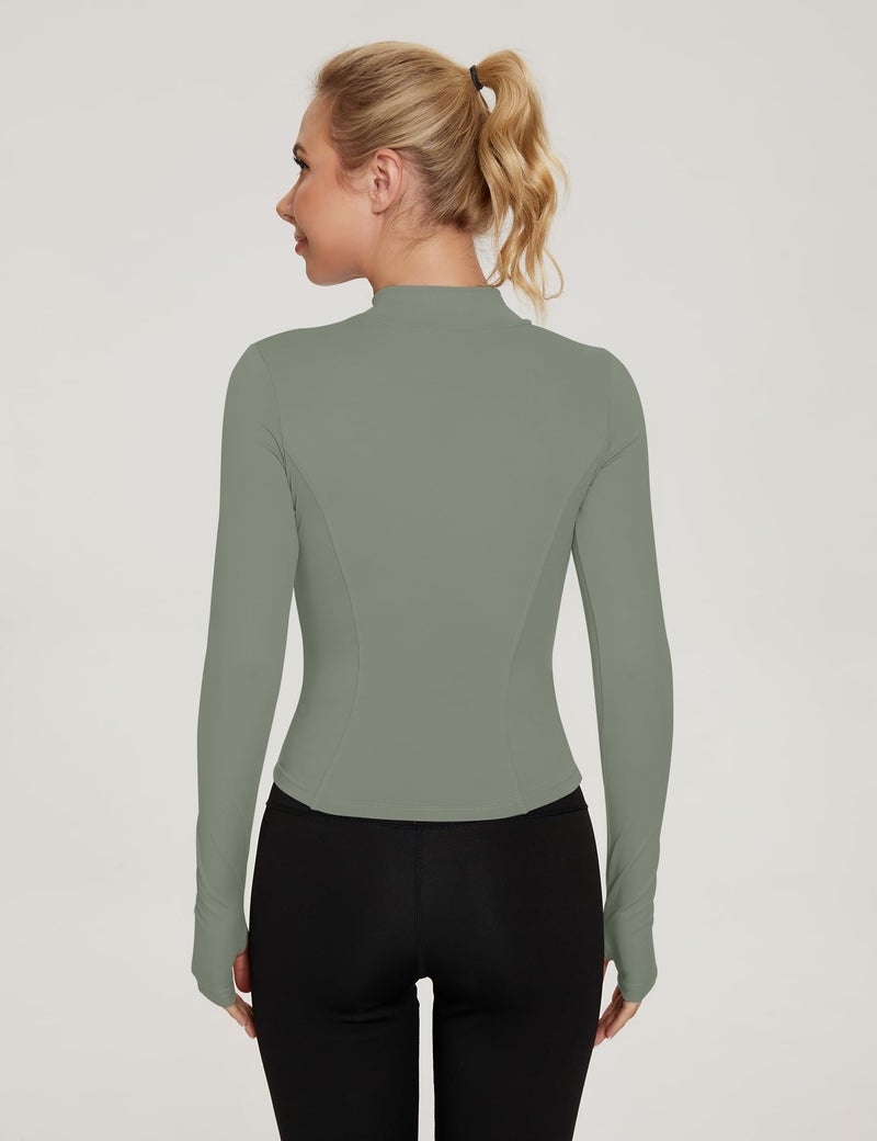 LUYAA Women's Lightweight Athletic Jacket Sun Protection Full Zip Long Sleeve Shirts Hiking Outdoor Workout Tops Grey Green M - Image 5