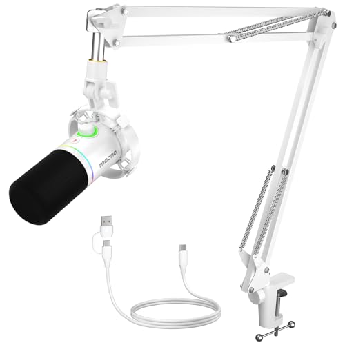 MAONO XLR/USB Dynamic Microphone Kit, RGB Podcast Mic with Software, Mute, Gain Knob, Volume Control, Boom Arm for Streaming, Gaming, Voice-Over, Recording-PD200XS White - Image 1