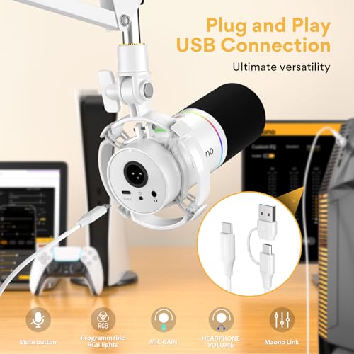MAONO XLR/USB Dynamic Microphone Kit, RGB Podcast Mic with Software, Mute, Gain Knob, Volume Control, Boom Arm for Streaming, Gaming, Voice-Over, Recording-PD200XS White - Image 5
