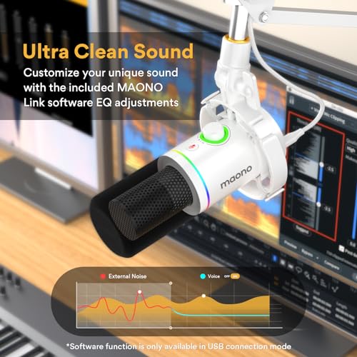 MAONO XLR/USB Dynamic Microphone Kit, RGB Podcast Mic with Software, Mute, Gain Knob, Volume Control, Boom Arm for Streaming, Gaming, Voice-Over, Recording-PD200XS White - Image 3