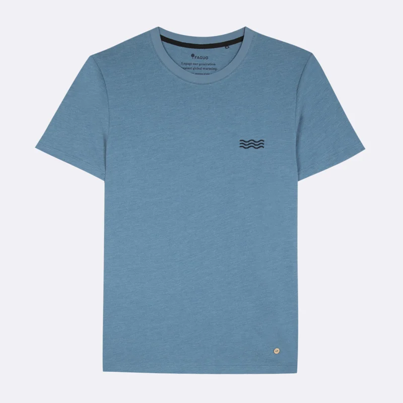 Faguo Arcy Waves - Embroidered Blue T-shirt with upcycled Oyster Shells