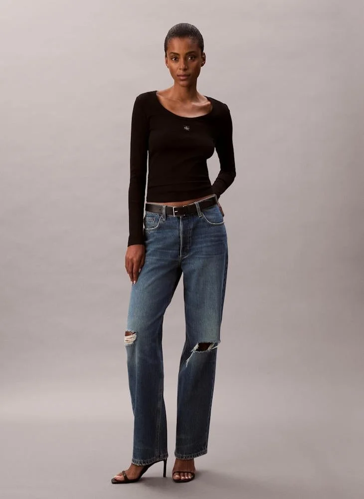Calvin Klein Jeans  Ribbed Cotton Long Sleeve Top for Women | Best Price UAE