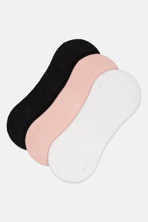 Women 3 Pairs Solid Invisible Non Terry Socks, Multicolor