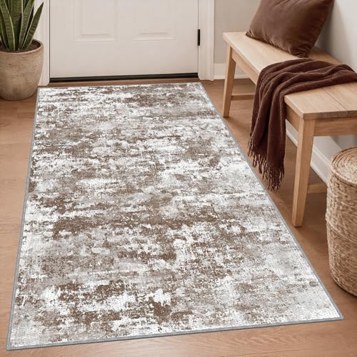 TTelephant 3x5 Area Rug Washable Entryway Rug Non Slip Abstract Tear and Stain Resistance No Pile Lightweight Throw Rugs Carpet for Kitchen, Entrance, Foyer, Bedside, Mudroom, Brown - Image 1