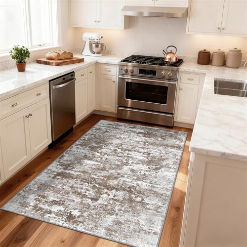 TTelephant 3x5 Area Rug Washable Entryway Rug Non Slip Abstract Tear and Stain Resistance No Pile Lightweight Throw Rugs Carpet for Kitchen, Entrance, Foyer, Bedside, Mudroom, Brown - Image 2
