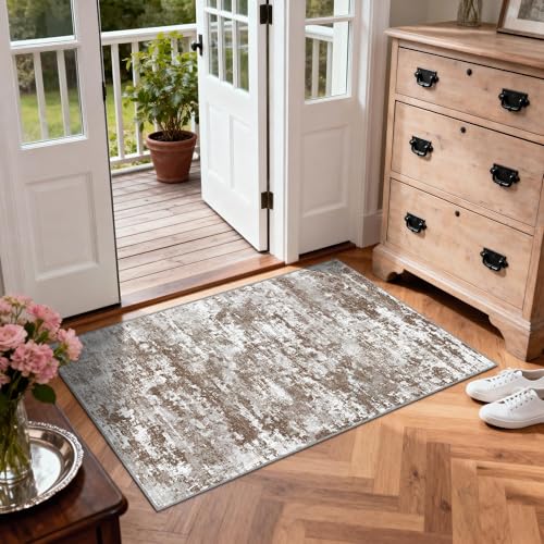TTelephant 3x5 Area Rug Washable Entryway Rug Non Slip Abstract Tear and Stain Resistance No Pile Lightweight Throw Rugs Carpet for Kitchen, Entrance, Foyer, Bedside, Mudroom, Brown - Image 3