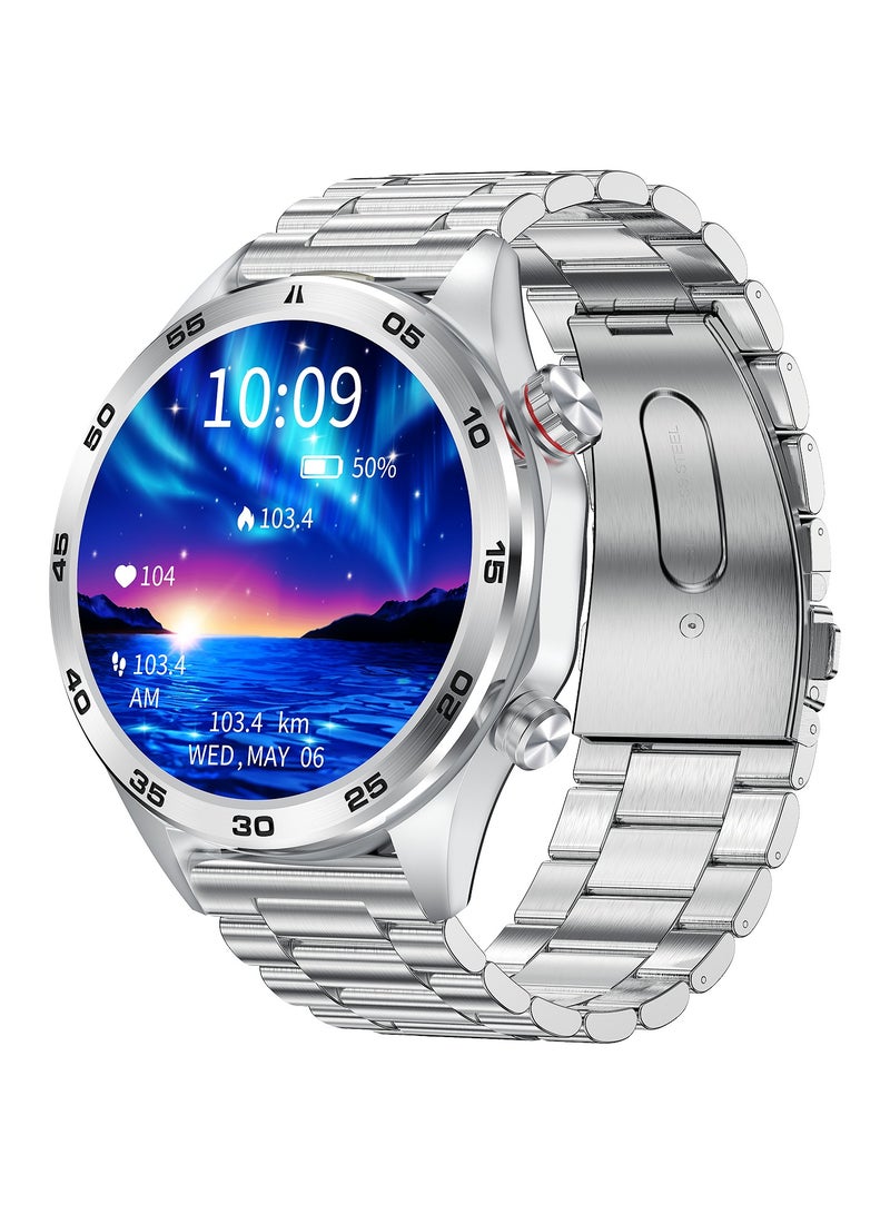 RollsTimi  Men's Smart Watch, HD 1.52inch Full Screen, Intelligent Bluetooth Call, IP68 Waterproof, 24 Hours Health Monitoring, 500mAh Long Battery,LED Flashlight, Fashion Business SmartWatch, I118 Steel Band Silver - Image 1