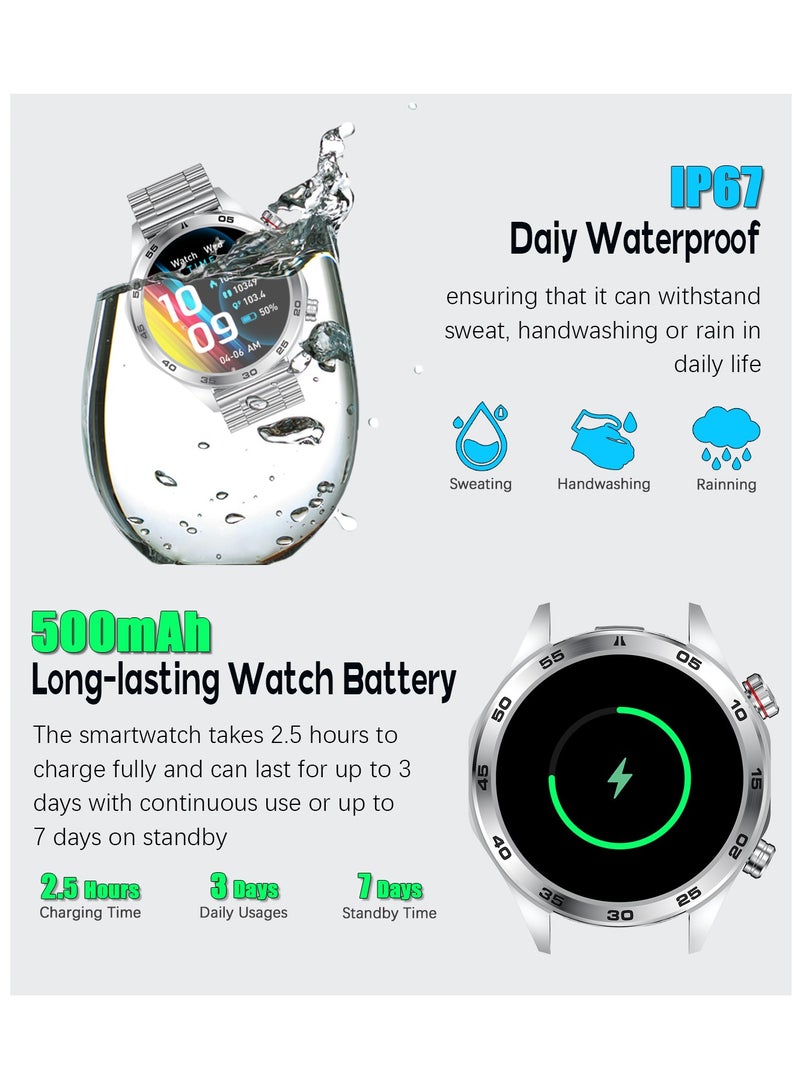 RollsTimi  Men's Smart Watch, HD 1.52inch Full Screen, Intelligent Bluetooth Call, IP68 Waterproof, 24 Hours Health Monitoring, 500mAh Long Battery,LED Flashlight, Fashion Business SmartWatch, I118 Steel Band Silver - Image 3