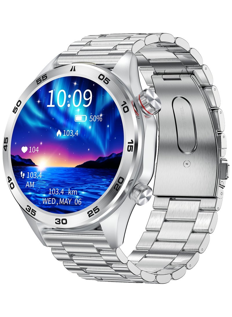 RollsTimi  Men's Smart Watch, HD 1.52inch Full Screen, Intelligent Bluetooth Call, IP68 Waterproof, 24 Hours Health Monitoring, 500mAh Long Battery,LED Flashlight, Fashion Business SmartWatch, I118 Steel Band Silver - Image 1