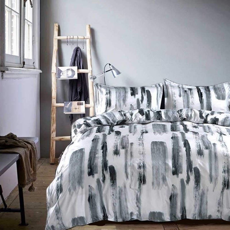 Nanko Art Duvet Cover Set King 3 Piece 90 X 90  Luxury Microfiber Down Comforter Quilt Cover with Zipper Closure Ties  Best Modern Style for Men and Women Black and White Gray Grey