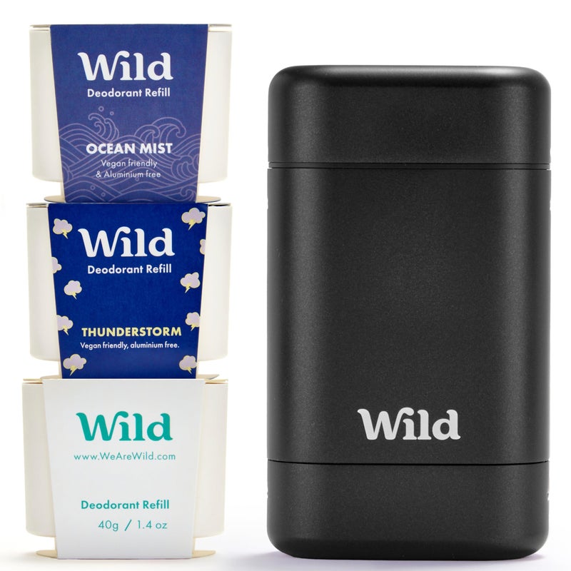 Wild Aluminum Free Deodorant for Men Starter Kit - Refillable Stick Deodorant with Black Applicator Case & Vegan Refill Variety Pack - Fresh Cotton & Sea Salt, Ocean Mist & Thunderstorm Clean Scents - Image 1