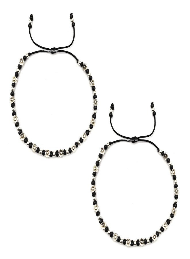 ARTIFICIAL TREE German Silver FLOWER Charms Black Thread Adjustable Nazariya Anklets | Nazar Battu | for Women and Girls (AT ANK 062) - Image 1