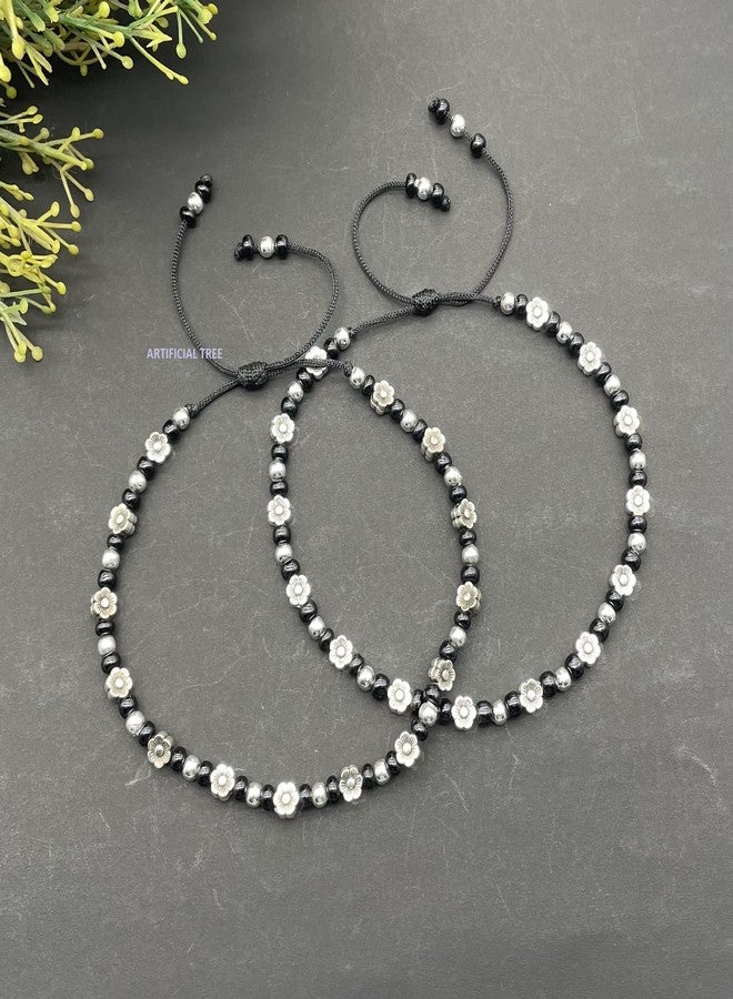 ARTIFICIAL TREE German Silver FLOWER Charms Black Thread Adjustable Nazariya Anklets | Nazar Battu | for Women and Girls (AT ANK 062) - Image 3