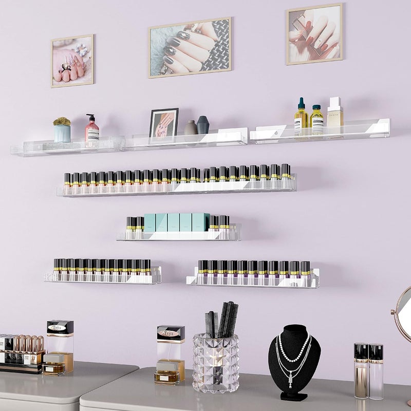 RORKIM 4 Pack 15 Inch Clear Acrylic Shelves, Clear Kids Floating Bookshelf for Kids Room, Modern Nail Polish Rack Sunglasses Essential Oil Picture Ledge Display Toy Storage Wall Shelf - Image 5